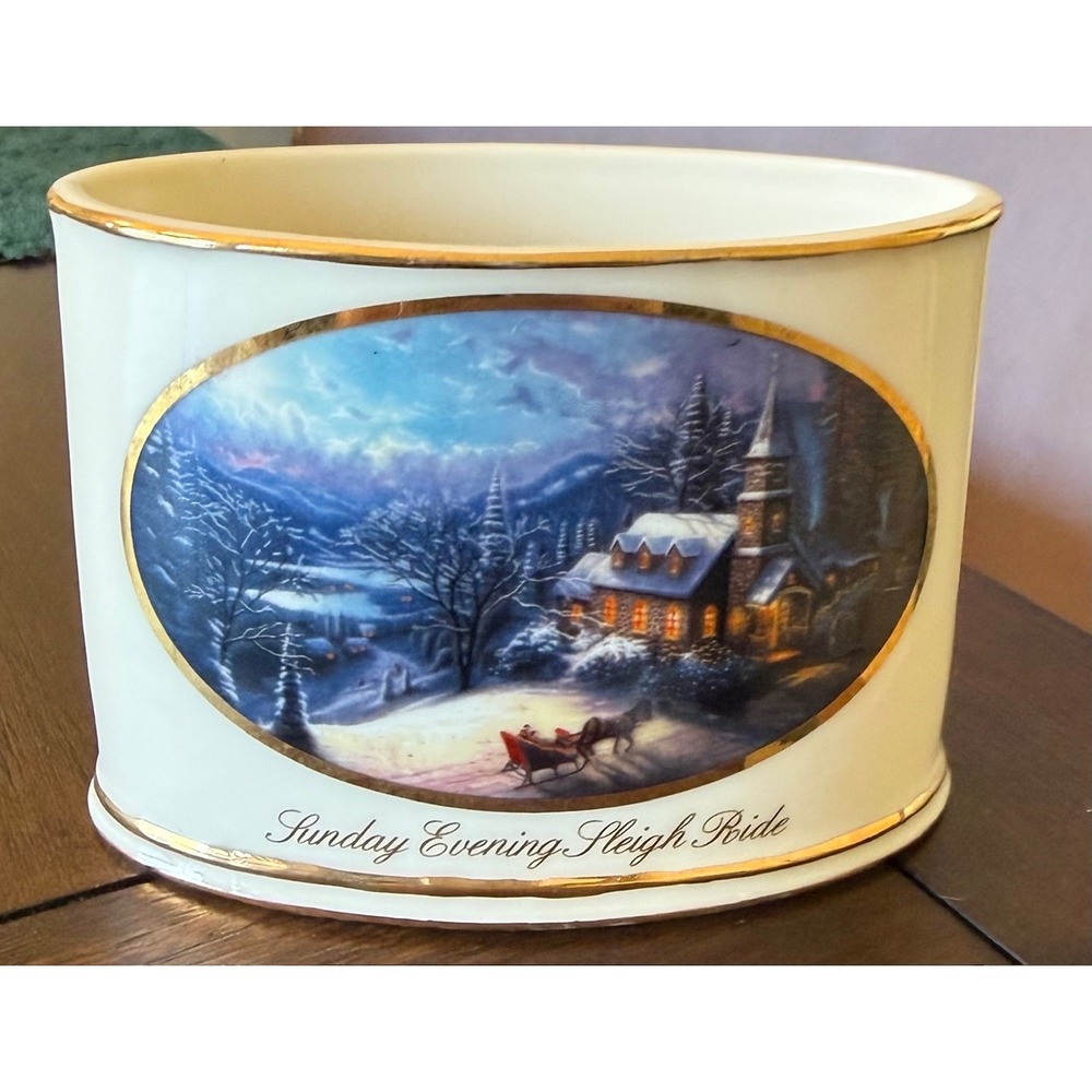 Thomas Kinkade Sunday Evening Sleigh Ride Porcelain Candle Holder Gold Trim 2004